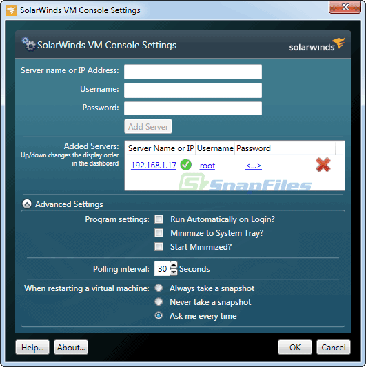 screenshot of SolarWinds Free VM Console