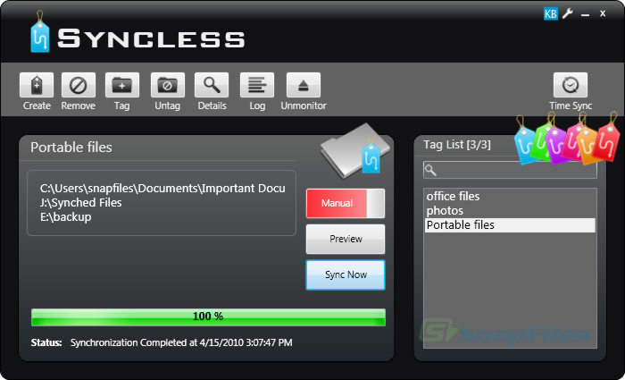 screen capture of Syncless