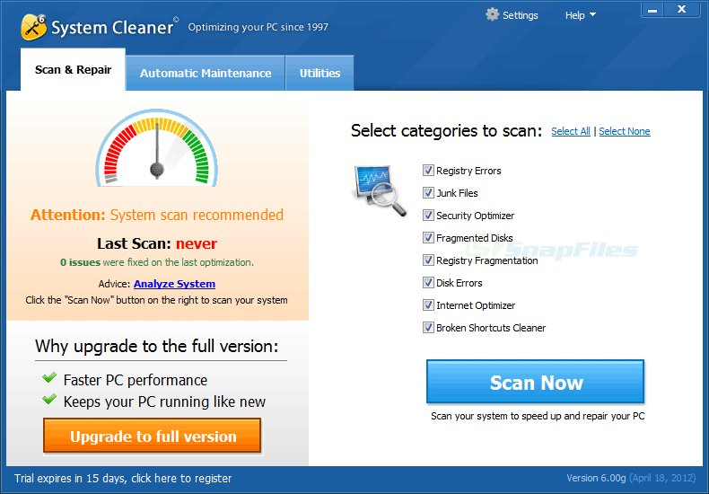 screen capture of System Cleaner