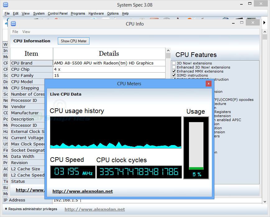 screenshot of System Spec