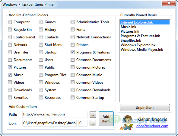 screen capture of Windows 7 Taskbar Items Pinner