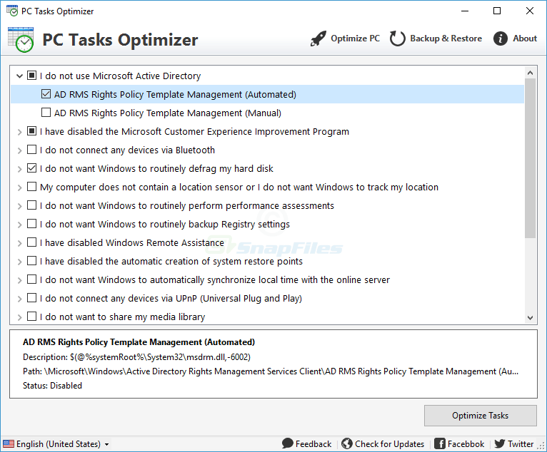 screen capture of PC Tasks Optimizer