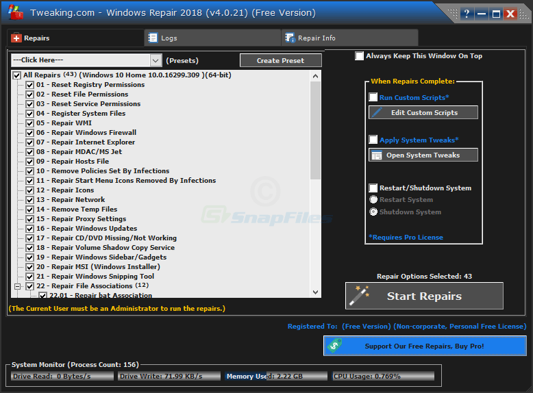 screen capture of Tweaking.com Windows Repair