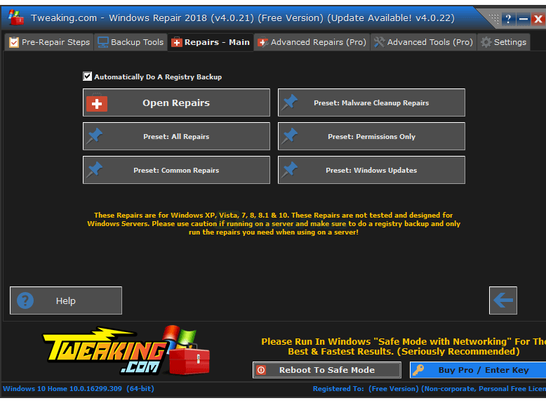 screenshot of Tweaking.com Windows Repair