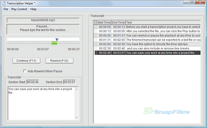 screen capture of Transcription Helper