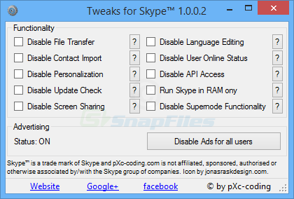 screen capture of Tweaks for Skype