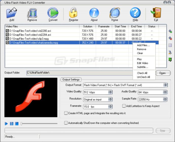screen capture of Ultra Flash Video FLV Converter