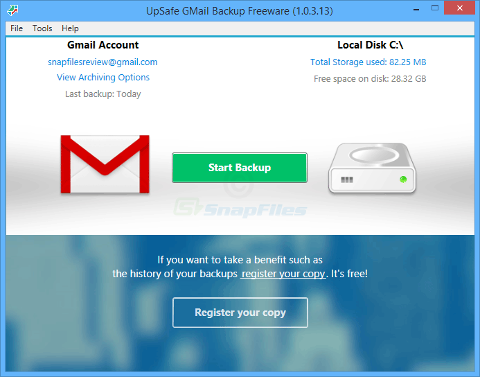 screen capture of UpSafe Gmail Backup
