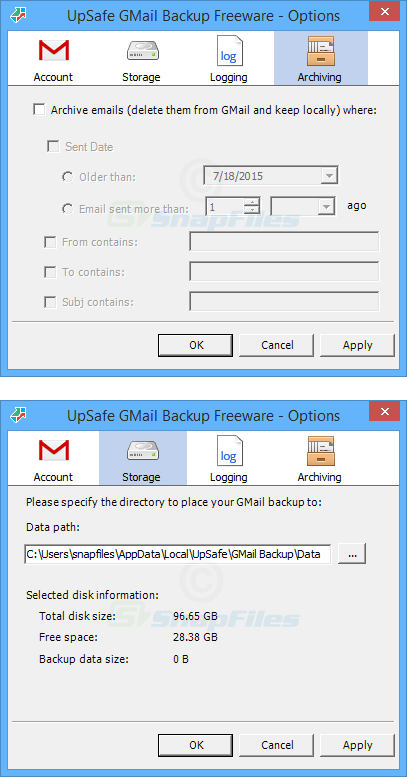 screenshot of UpSafe Gmail Backup