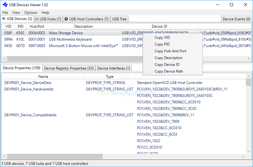 screen capture of USB Devices Viewer