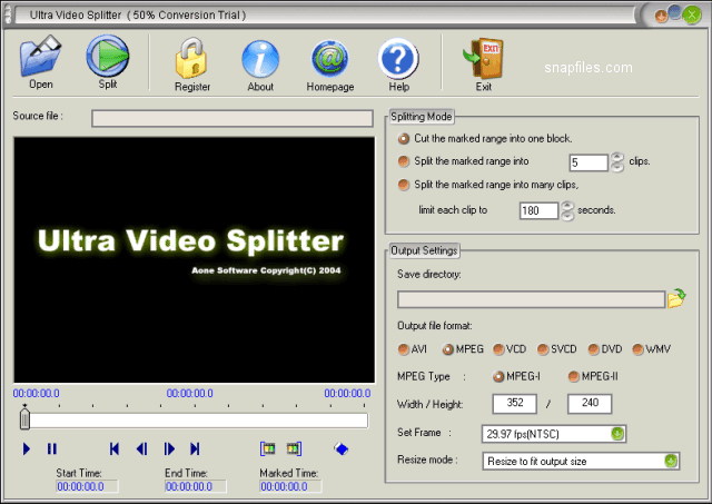 screen capture of Ultra Video Splitter