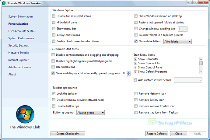 screen capture of Ultimate Windows Tweaker (Vista)