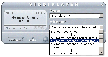 screen capture of Viddi Radio Player