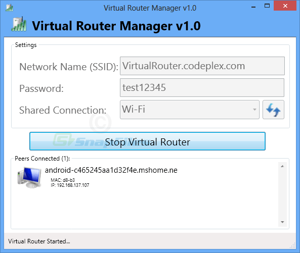 screen capture of Virtual Router