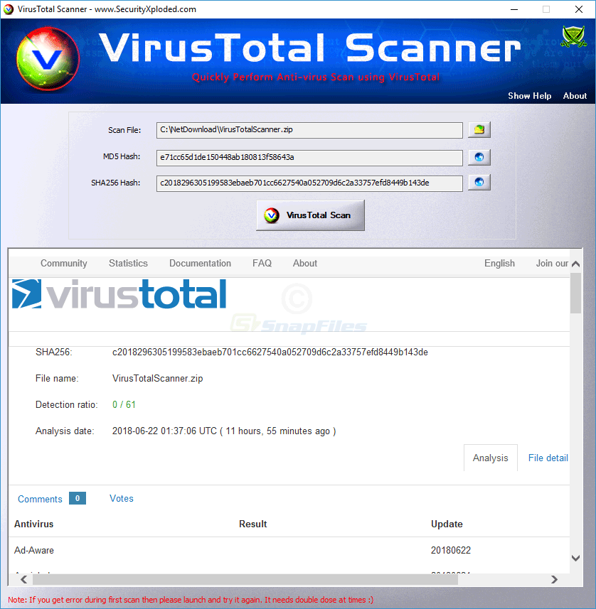screen capture of VirusTotal Scanner