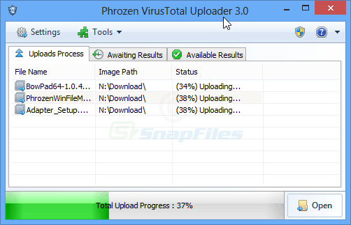 screen capture of PhrozenSoft VirusTotal Uploader
