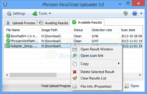 screenshot of PhrozenSoft VirusTotal Uploader