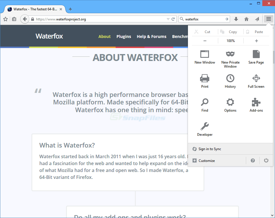 screenshot of Waterfox