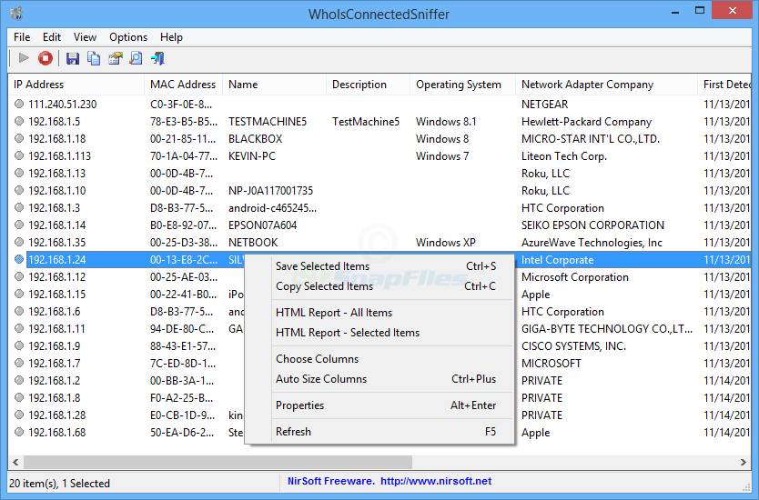 screen capture of WhoisConnectedSniffer