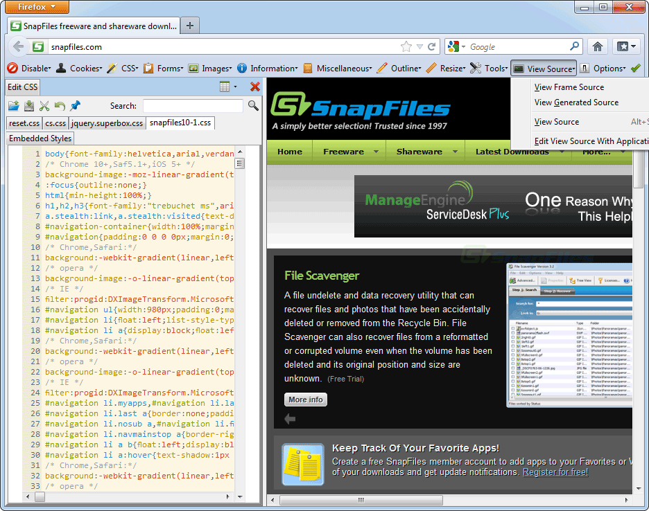screen capture of Web Developer Extension