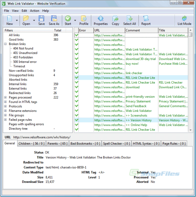 screen capture of Web Link Validator