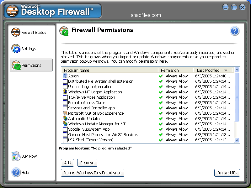 screen capture of Webroot Desktop Firewall