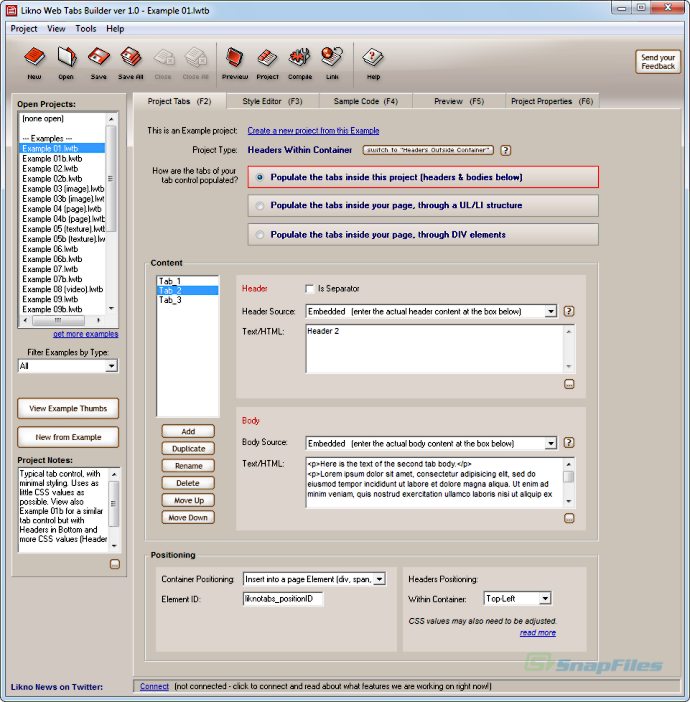 screen capture of Likno Web Tabs Builder
