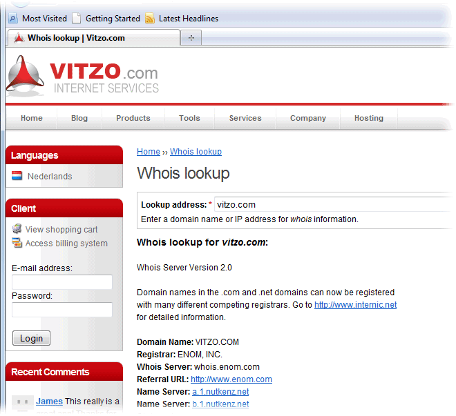 screenshot of Vitzo WHOIS for Firefox