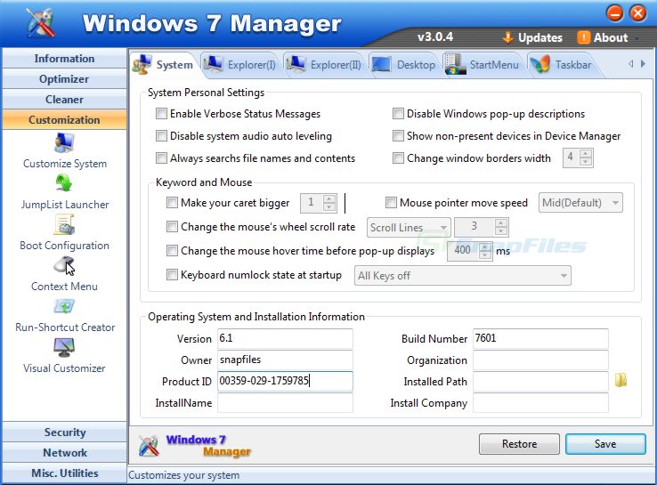 screenshot of Windows 7 Manager