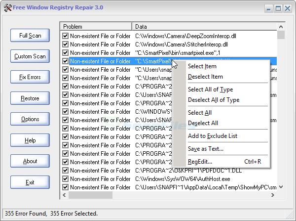 screen capture of Free Window Registry Repair