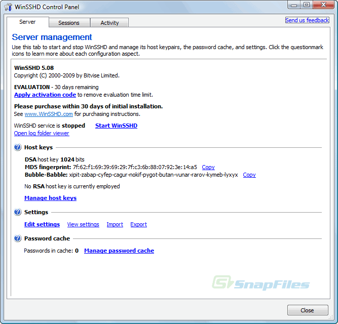 screenshot of Bitvise SSH Server