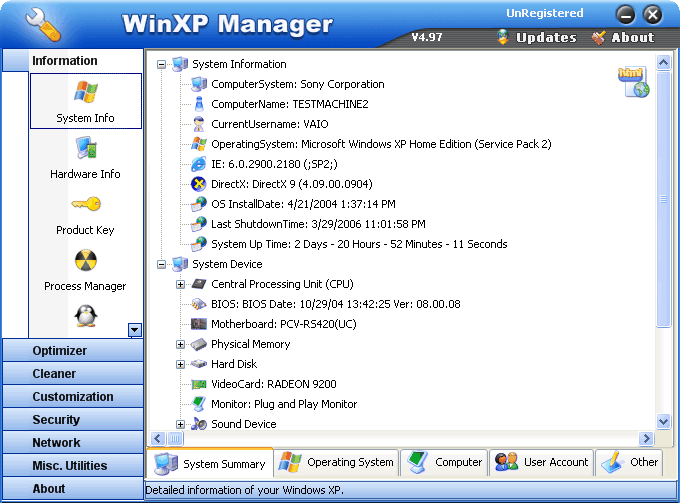 screen capture of WinXP Manager