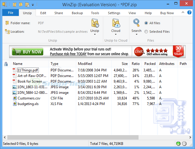 screen capture of WinZip
