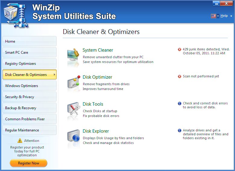screenshot of WinZip System Utilities Suite
