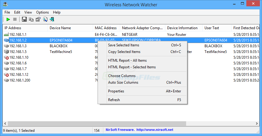 screen capture of Wireless Network Watcher