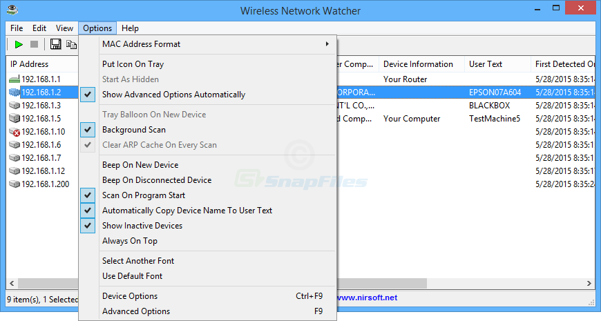 screenshot of Wireless Network Watcher