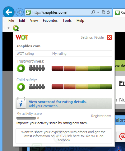 screen capture of WOT for Internet Explorer