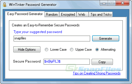 screen capture of WinTinker Password Generator