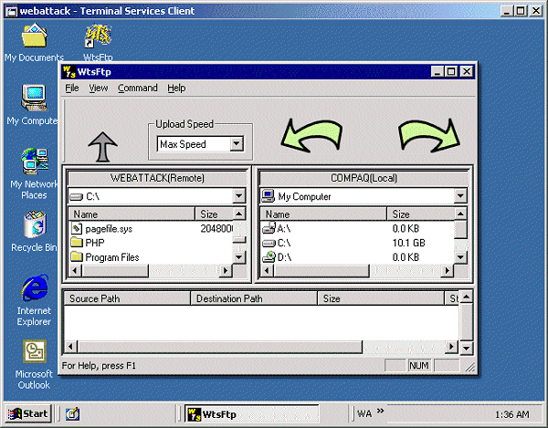screen capture of Windows Terminal Services FTP