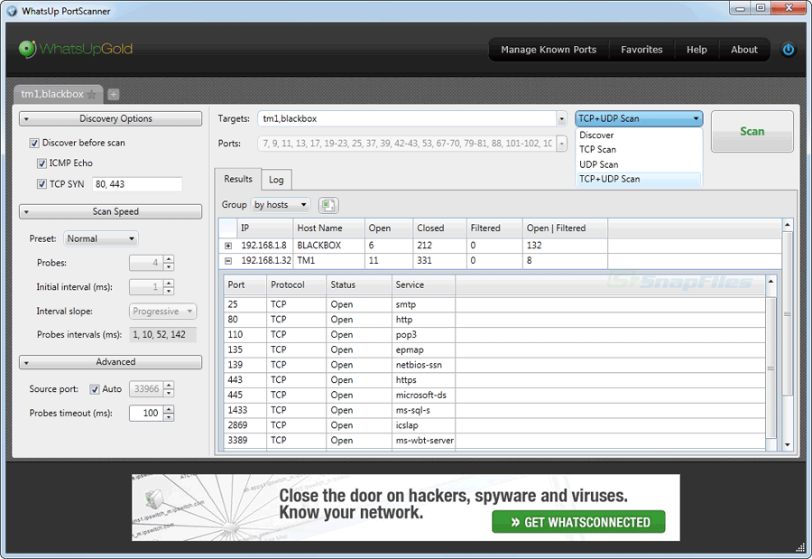 screen capture of WhatsUp Gold PortScanner Tool