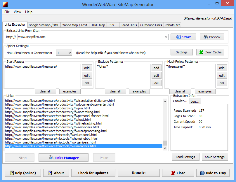screen capture of SiteMap Generator
