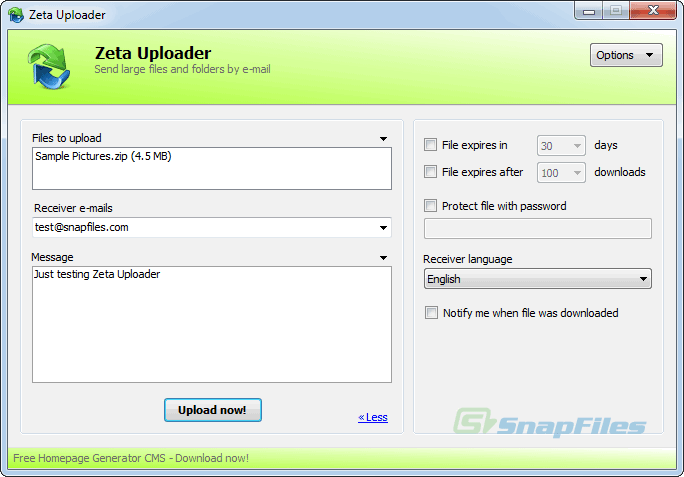 screen capture of Zeta Uploader